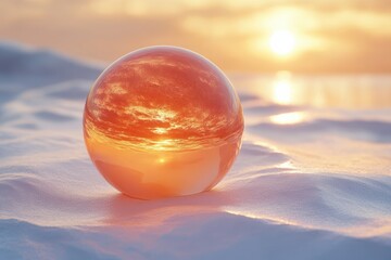 Aufkleber - A beautiful, reflective orb captures the vibrant colors of a sunset over a snowy landscape, creating a serene and peaceful atmosphere.
