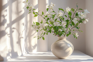 Aufkleber - A beautiful arrangement of white flowers in a cream vase, illuminated by natural light, creating a serene and calming atmosphere in the room.