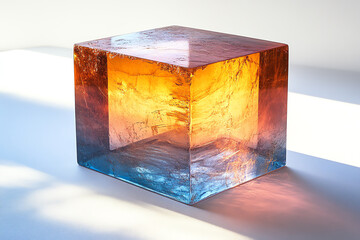 Poster - A beautifully crafted crystal cube showcasing vibrant gradients of orange and blue, reflecting light beautifully, ideal for design and decoration.