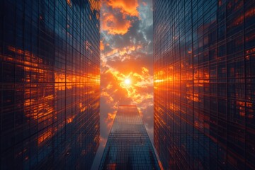 Leinwandbilder - A breathtaking sunset view between skyscrapers, showcasing vibrant colors reflected on glass. The city skyline creates a stunning urban atmosphere.