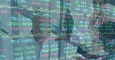 Poster - In office, people working with animation of stock market data and graphs