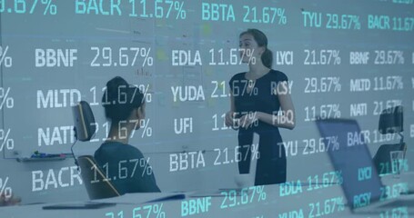 Poster - Business meeting with stock market data animation overlaying diverse team discussion