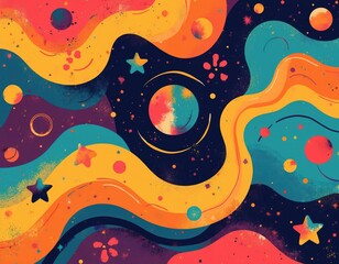Leinwandbilder - Retro 90s style pop art background. Abstract psychedelic illustration shows colorful waves, planets, stars. Trendy funky design, surreal contemporary collage, minimal creative artwork with funny