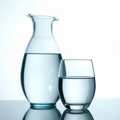 Poster - Elegant glass carafe with clear water and tumbler. Refreshing natural mineral drink on white background. Clean water balance, source of hydration and healthy lifestyle. Health benefits. Copy space.