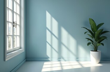 Poster - Minimalist room corner with indoor plant, natural light through window, falling soft shadows. Empty blue wall for mockup, interior design, home decoration presentation. Calming nature sunshine
