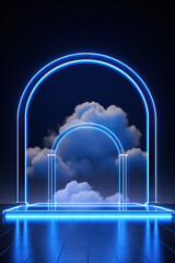 Poster - Neon arch in dark blue lights room with clouds. Abstract background for party stage or product display.