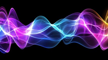Poster - Vivid neon light waves pulse and flow through a dark space, forming an immersive digital-inspired abstract scene