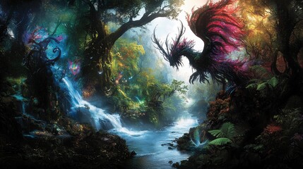 Poster - Enchanting forest adventure serene rivers and mystical creatures lush landscape magical viewpoint nature's wonder