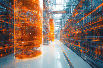 Aufkleber - A digital landscape showcasing advanced data storage technology, illuminated by glowing orange designs. Perfect for tech-related projects and articles.