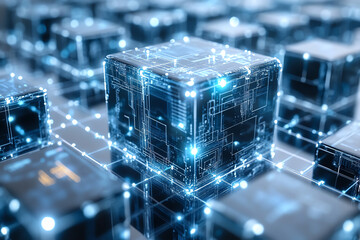 Poster - A futuristic representation of interconnected digital cubes, showcasing advanced technology and innovation in a cybernetic environment.