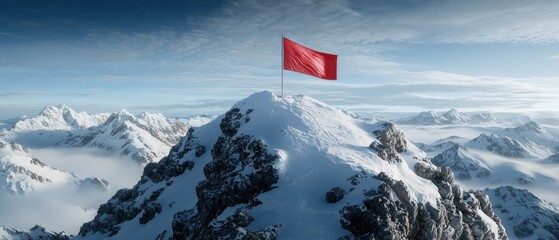 Poster - A red flag is on top of a snow covered mountain