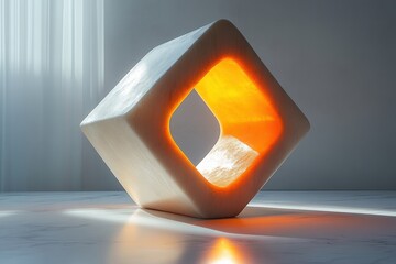 Aufkleber - A modern, illuminated geometric sculpture featuring a hollowed-out square shape, casting a warm glow in a minimalistic interior setting.