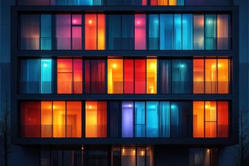 Aufkleber - A modern apartment building showcasing vibrant, illuminated windows at night, creating a lively urban atmosphere. A blend of colors enhances the scene.