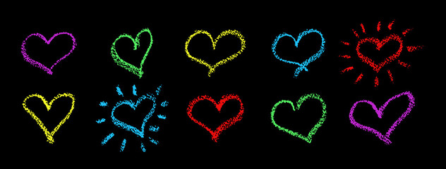 Poster - set of colorful hearts signs drawn by wax pencil. love symbols in doodle style. collection of hand d