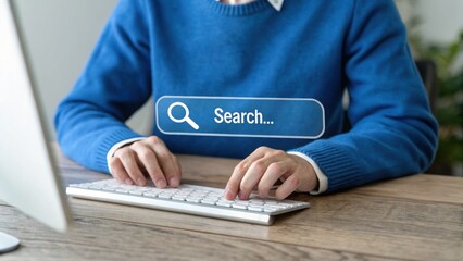 Poster - Online Search: Capturing the modern quest for information, a person types on a keyboard, with a search bar overlayed. Symbolizing access to the digital world and the pursuit of knowledge.