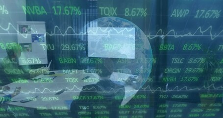 Poster - In office, animation of financial data overlaying stock market figures during meeting