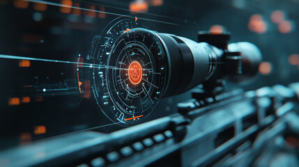 Poster - Futuristic optical aim. Military collimator sight, gun targets focus range indication. Sniper weapon target hud aiming modern accuracy crosshairs future weapon radar technology vector icons set