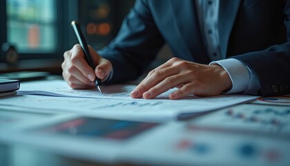 Poster - Close-up of central banker hands in formal suit. Analyzing financial charts with pen. Economic graphs background. Person inspects market data, investment growth. Finance analytics, management