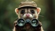 © 99 RIC - Adorable ferret with binoculars, whimsical nature exploration and discovery