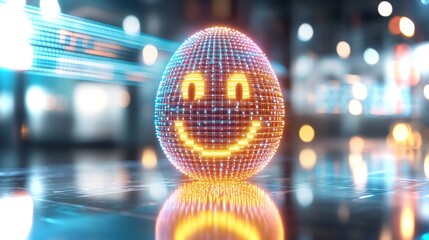 Poster - Bright digital smiley face in a futuristic urban environment with glowing lights