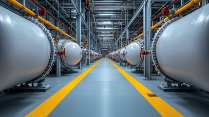 Poster - Industrial Warehouse Interior with Pipeline Machinery and Storage Tanks in a Modern Manufacturing Facility