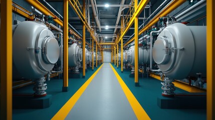 Poster - Industrial interior of a modern factory with large storage tanks and yellow pipelines in a spacious facility