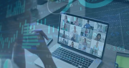 Poster - video call on laptop with financial data processing animation overlay