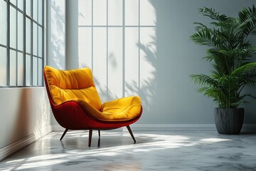 Aufkleber - A vibrant and cozy seating area featuring a stylish yellow and red chair beside a lush green plant, illuminated by natural light from large windows.