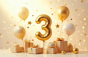 Poster - Golden festive balloons number three, gift boxes, confetti, mirror ball and stars fly on beige bokeh background with light sparks. Birthday luxury card creative concept for party banner, poster.