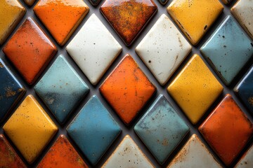 Poster - A vibrant and textured close-up of diamond-shaped tiles in orange, blue, yellow, and beige. Perfect for interior design and artistic projects.