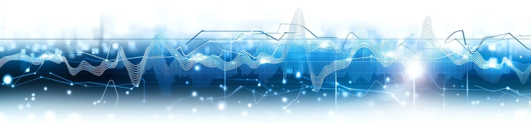 Poster - This image depicts a vibrant blend of blue tones with abstract waveforms and light effects, symbolizing innovation, progress, and the dynamic nature of the digital age.