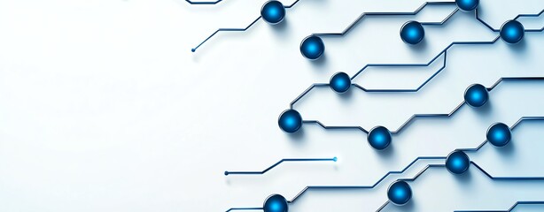 Poster - A close-up view of intricate blue circuit lines and nodes against a clean white background, symbolizing connectivity and innovation in the tech industry