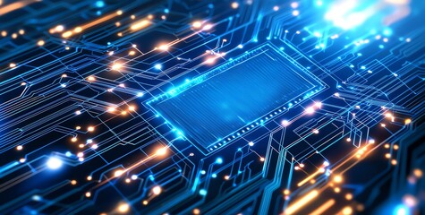 Poster - Futuristic circuit board with glowing blue elements and intricate patterns. Ideal for representing innovation, electronics, or digital technology in modern design.