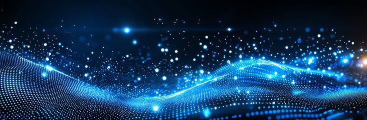 Poster - A stunning representation of modern technology features vibrant blue light waves and sparkling particles. This abstract image illustrates innovation and digital transformation.