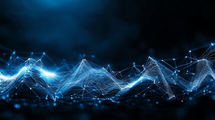 Poster - A captivating digital wave design showcasing interconnected lines and nodes in a harmonious blue color palette, representing data flow and technological innovation.