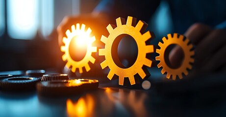 Poster - A close-up view of metallic gears working together, symbolizing teamwork and innovation in industrial processes. The warm glow highlights intricate details and functionality.