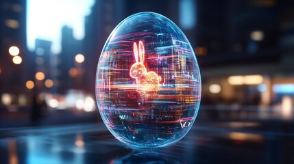 Poster - Glowing holographic bunny inside a crystal egg in a modern urban landscape at night