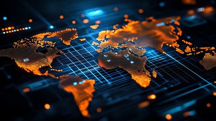 Poster - A futuristic digital world map, showcasing optimal data connection and vibrant color contrasts. This image symbolizes global connectivity and advanced technology.