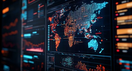 Aufkleber - A sophisticated digital world map displayed on high-tech screens, featuring vibrant data visualizations and interactive elements, represents global connectivity and advanced techno