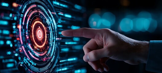 Aufkleber - A hand interacts with a futuristic digital interface featuring vibrant lights and intricate patterns, symbolizing advanced technology and innovation in user experience.