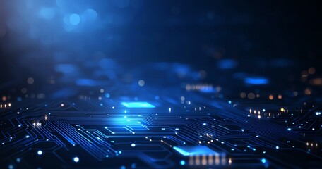 Aufkleber - A close-up view of a futuristic digital circuit board with glowing blue elements. Perfect for showcasing advancements in technology and electronics.