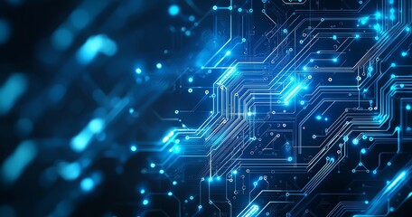Poster - A close-up view of intricate blue circuit designs with glowing elements, showcasing modern technology and digital connections that represent innovation and advanced electronics.