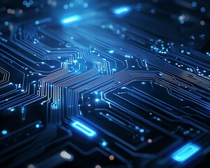 Aufkleber - A close-up view of intricate circuit board patterns illuminated by blue lights, symbolizing modern technology and connectivity. Ideal for tech-themed projects and innovations.