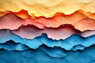 Aufkleber - A vibrant paper collage depicting layered mountains in rich hues, illustrating the beauty of nature through textured art and creativity.