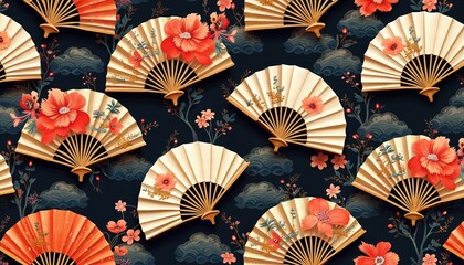 Poster - Japanese style seamless pattern. Beige fans decorated red flowers, leaves, twigs on blue background with clouds. Oriental art, traditional culture inspired. Decorative graphic design for fabric,