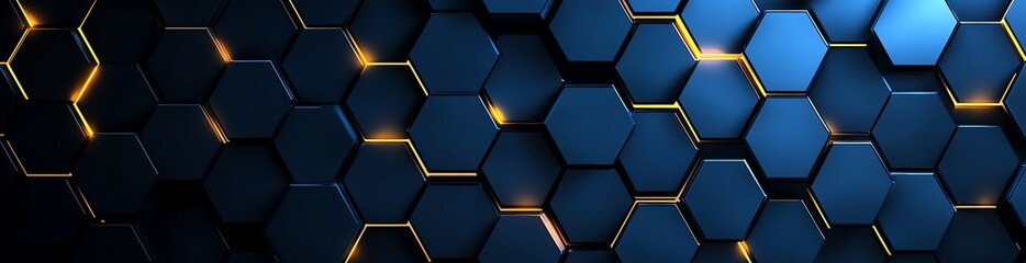 Poster - This high-tech background features a dynamic design of blue hexagons illuminated by golden highlights, ideal for modern digital themes and technological concepts.