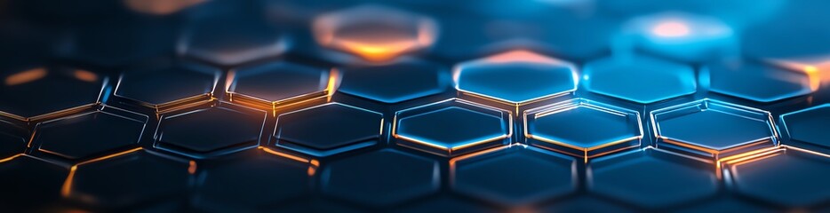 Poster - A close-up of a futuristic hexagonal pattern with glowing lights. This abstract design embodies innovation and modern technology, perfect for backgrounds or tech-related projects.