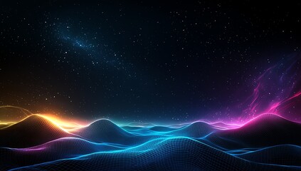 Poster - This vibrant and dynamic abstract landscape features neon colors and glowing waves, evoking a sense of wonder and creativity. Perfect for digital art projects and backgrounds.