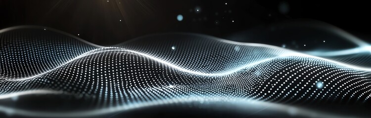 Poster - A mesmerizing visual of waves created by digital particles, showcasing dynamic motion with a futuristic touch in a sleek black background, perfect for tech-themed projects.