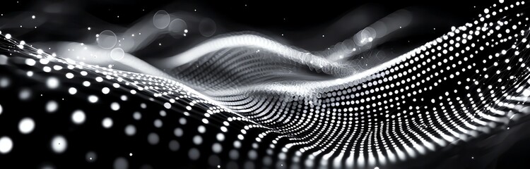 Poster - Abstract black and white wave patterns created with dots and light effects. Ideal for backgrounds, digital designs, or modern art projects that require a unique visual appeal.